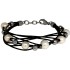 Black leather bracelet with white freshwater pearls and silver artificial pearls